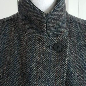 Projections Herringbone Tweed Long Wool Coat Black Satin Collar Vintage Y2K